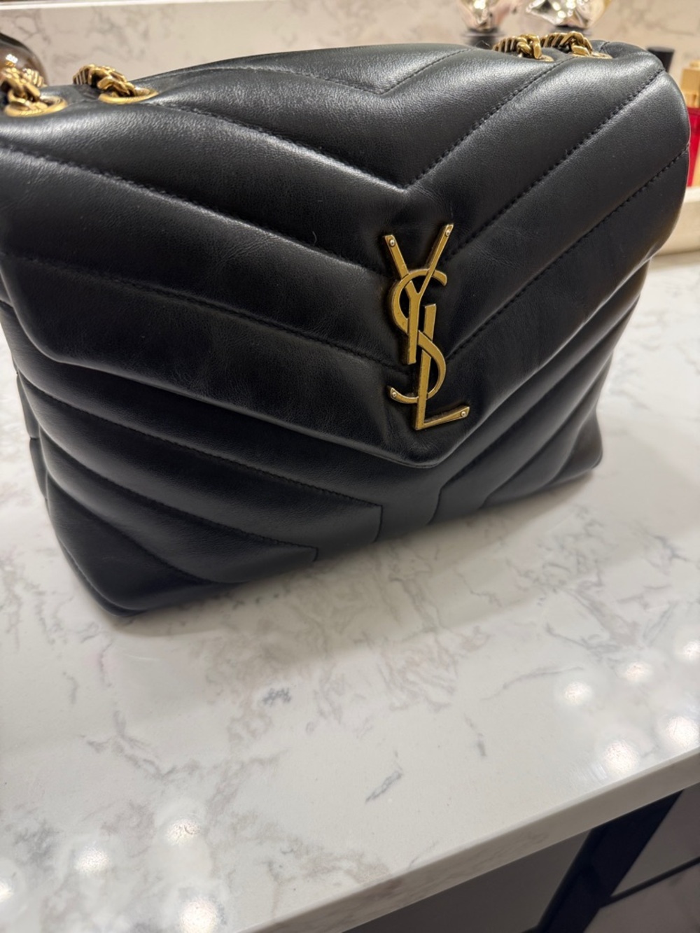 Saint Laurent Black Chevron Quilted Leather Shoulder Bag with Gold YSL Logo